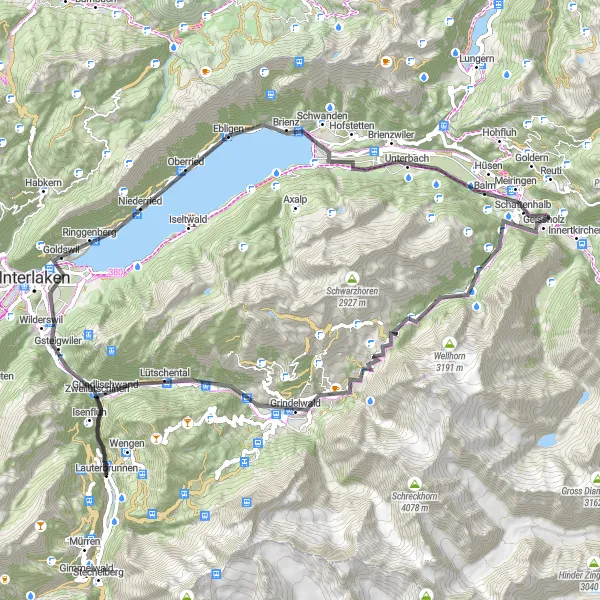 Zemljevid v pomanjšavi "Road cycling tour from Lauterbrunnen to Grindelwald and beyond" kolesarske inspiracije v Espace Mittelland, Switzerland. Generirano z načrtovalcem kolesarskih poti Tarmacs.app