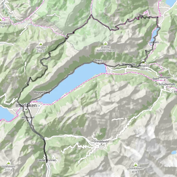 Miniature de la carte de l'inspiration cycliste "Parcours routier d'Interlaken à Gsteigwiler" dans la Espace Mittelland, Switzerland. Générée par le planificateur d'itinéraire cycliste Tarmacs.app