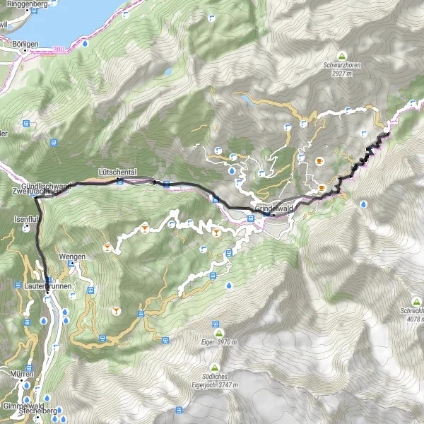 Miniatura della mappa di ispirazione al ciclismo "Escursione ciclistica verso Grosse Scheidegg" nella regione di Espace Mittelland, Switzerland. Generata da Tarmacs.app, pianificatore di rotte ciclistiche