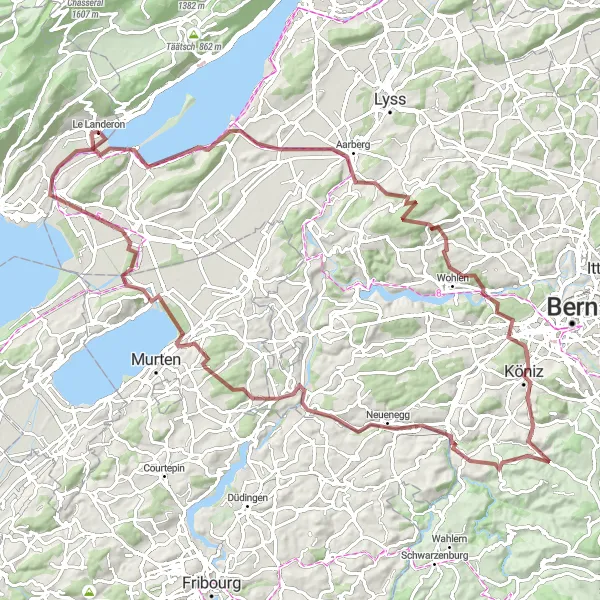 Miniaturní mapa "Gravel trasa kolem Le Landeron" inspirace pro cyklisty v oblasti Espace Mittelland, Switzerland. Vytvořeno pomocí plánovače tras Tarmacs.app