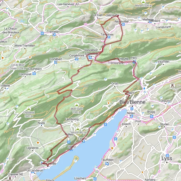 Miniaturní mapa "Gravelová cyklostezka kolem Le Landeronu" inspirace pro cyklisty v oblasti Espace Mittelland, Switzerland. Vytvořeno pomocí plánovače tras Tarmacs.app