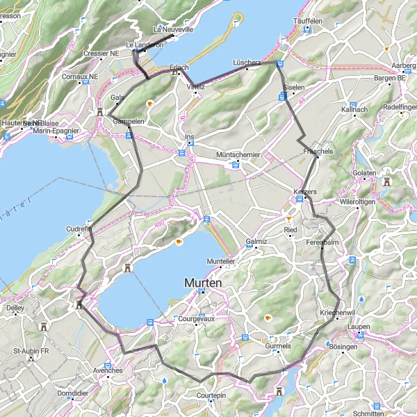 Miniatua del mapa de inspiración ciclista "Vistas panorámicas y castillos en Espace Mittelland" en Espace Mittelland, Switzerland. Generado por Tarmacs.app planificador de rutas ciclistas