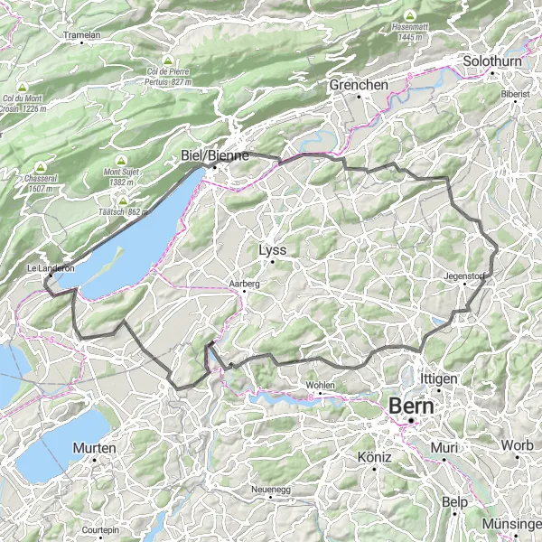 Map miniature of "Discover Lake Biel" cycling inspiration in Espace Mittelland, Switzerland. Generated by Tarmacs.app cycling route planner