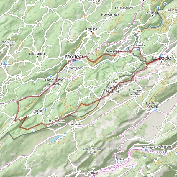 Zemljevid v pomanjšavi "Gravel Adventure near Le Locle" kolesarske inspiracije v Espace Mittelland, Switzerland. Generirano z načrtovalcem kolesarskih poti Tarmacs.app