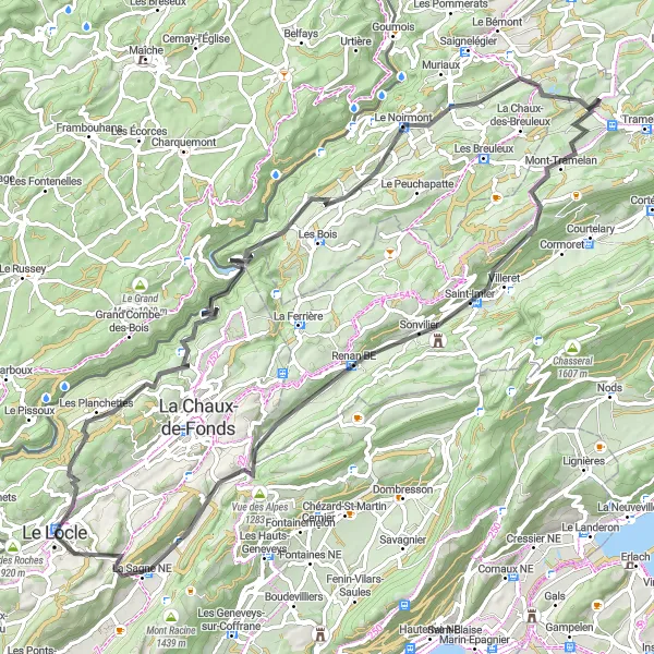 Miniatura della mappa di ispirazione al ciclismo "Giro delle Montagne del Giura" nella regione di Espace Mittelland, Switzerland. Generata da Tarmacs.app, pianificatore di rotte ciclistiche