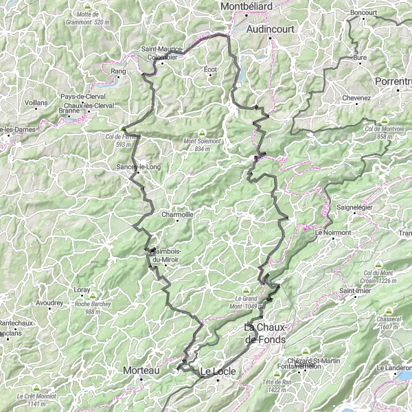 Kartminiatyr av "Eventyrlysten Loops i Espace Mittelland" sykkelinspirasjon i Espace Mittelland, Switzerland. Generert av Tarmacs.app sykkelrutoplanlegger