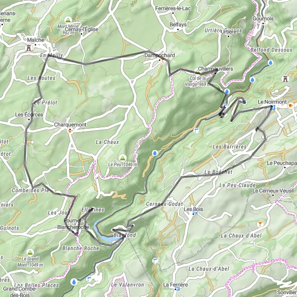Miniatua del mapa de inspiración ciclista "Ruta en carretera desde Le Noirmont a Col de la Vierge" en Espace Mittelland, Switzerland. Generado por Tarmacs.app planificador de rutas ciclistas