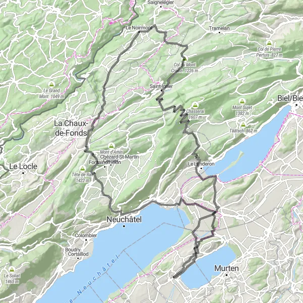 Miniatua del mapa de inspiración ciclista "Ruta de Ciclismo Escénica de Le Noirmont a Neuchâtel" en Espace Mittelland, Switzerland. Generado por Tarmacs.app planificador de rutas ciclistas