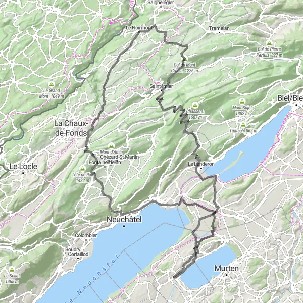 Kartminiatyr av "Col du Mont Crosin Loop" sykkelinspirasjon i Espace Mittelland, Switzerland. Generert av Tarmacs.app sykkelrutoplanlegger