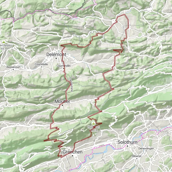 Kartminiatyr av "Utforsk bakkete terreng i Espace Mittelland" sykkelinspirasjon i Espace Mittelland, Switzerland. Generert av Tarmacs.app sykkelrutoplanlegger