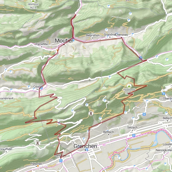 Miniatua del mapa de inspiración ciclista "Ruta de Grava de Allerheiligen a Grenchen" en Espace Mittelland, Switzerland. Generado por Tarmacs.app planificador de rutas ciclistas