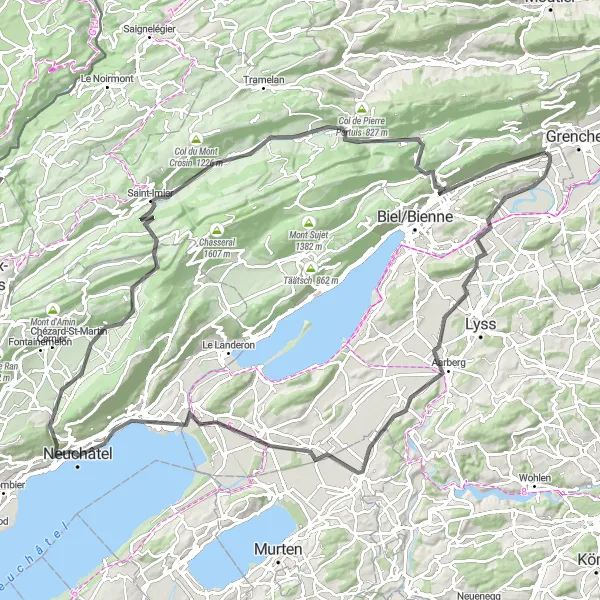 Kartminiatyr av "Utmanande landsväg genom Neuchâtel och Saint-Imier" cykelinspiration i Espace Mittelland, Switzerland. Genererad av Tarmacs.app cykelruttplanerare