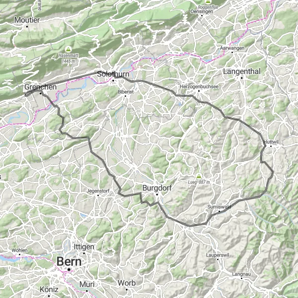 Map miniature of "Discover Solothurn and Beyond" cycling inspiration in Espace Mittelland, Switzerland. Generated by Tarmacs.app cycling route planner