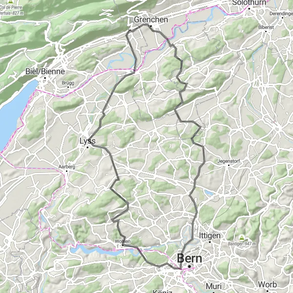 Miniaturekort af cykelinspirationen "Grenchen til Lyss Loop" i Espace Mittelland, Switzerland. Genereret af Tarmacs.app cykelruteplanlægger