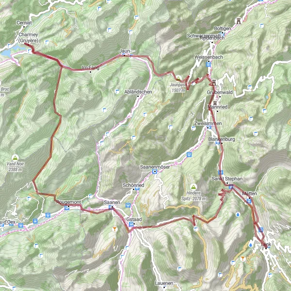 Miniatura della mappa di ispirazione al ciclismo "Itinerario Gravel attraverso Lenk e Gstaad" nella regione di Espace Mittelland, Switzerland. Generata da Tarmacs.app, pianificatore di rotte ciclistiche