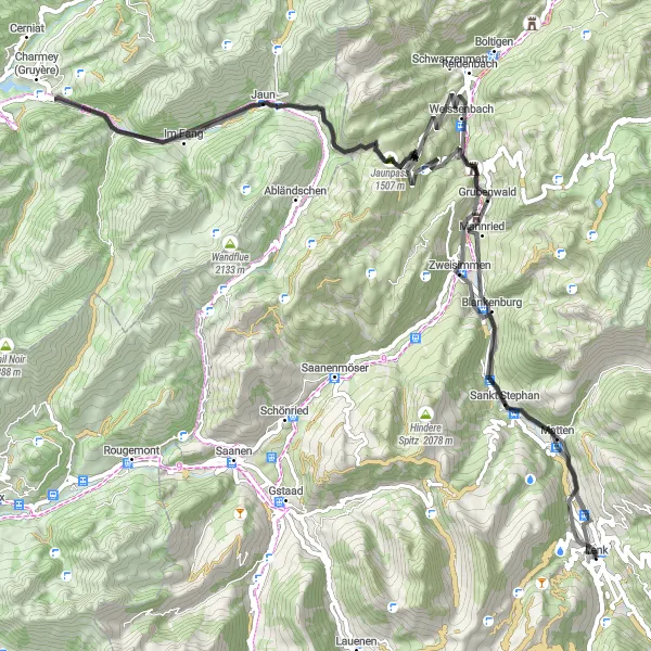 Miniaturekort af cykelinspirationen "Eventyrrejse gennem Jaunpass og Gislibühl" i Espace Mittelland, Switzerland. Genereret af Tarmacs.app cykelruteplanlægger