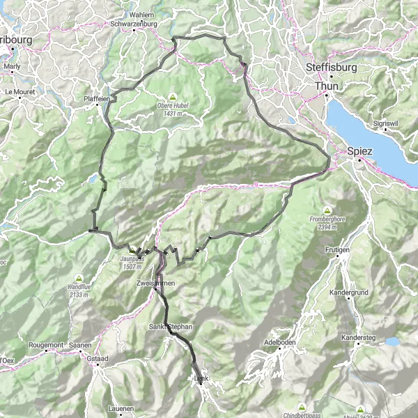 Miniatua del mapa de inspiración ciclista "Ruta de ciclismo de carretera por Jaunpass y Schwarzsee" en Espace Mittelland, Switzerland. Generado por Tarmacs.app planificador de rutas ciclistas