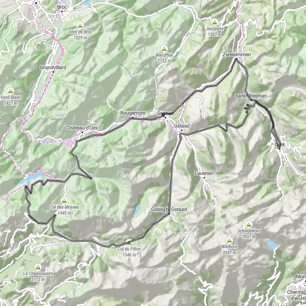 Miniatura della mappa di ispirazione al ciclismo "Scoperta in bicicletta da Lenk a Matten" nella regione di Espace Mittelland, Switzerland. Generata da Tarmacs.app, pianificatore di rotte ciclistiche