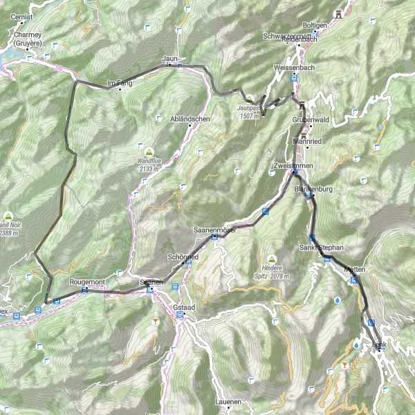 Map miniature of "Road Cycling Adventure to Jaunpass" cycling inspiration in Espace Mittelland, Switzerland. Generated by Tarmacs.app cycling route planner