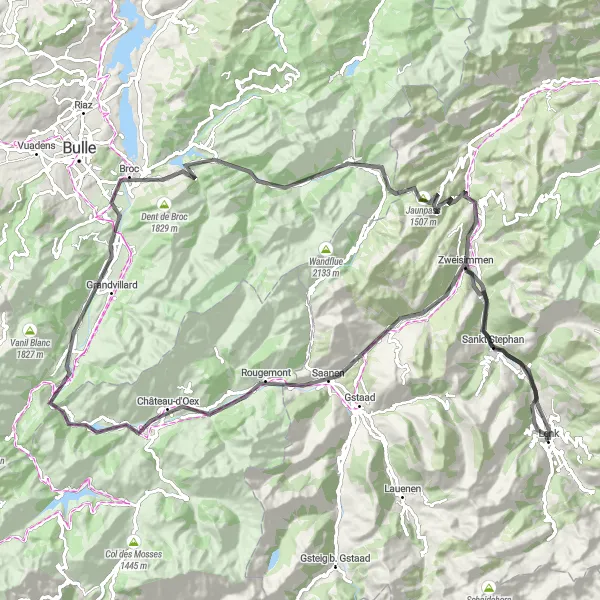 Kartminiatyr av "Lenk till Matten via Gruyères" cykelinspiration i Espace Mittelland, Switzerland. Genererad av Tarmacs.app cykelruttplanerare