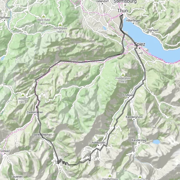 Map miniature of "Lenk - Zweisimmen - Manneberg - Chapf - Boltigen - Därstetten - Burgflue - Thunersee - Thun - Höi-Turm - Frutigen - Adelboden - Hahnenmoospass" cycling inspiration in Espace Mittelland, Switzerland. Generated by Tarmacs.app cycling route planner