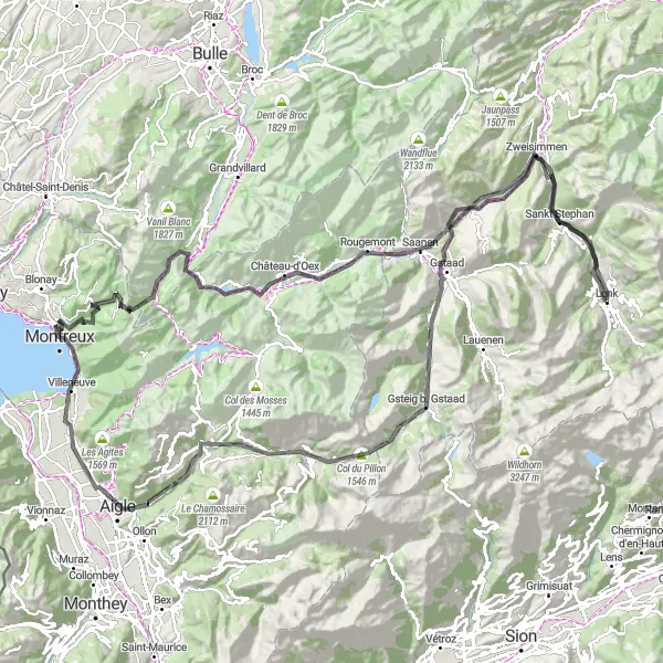 Miniatua del mapa de inspiración ciclista "Ruta de ciclismo de carretera de Lenk a Montreux" en Espace Mittelland, Switzerland. Generado por Tarmacs.app planificador de rutas ciclistas