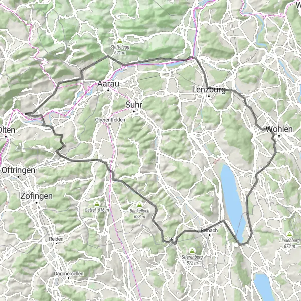 Mapa miniatúra "Cyklotrasa cez Lenzburg a Villmergen" cyklistická inšpirácia v Espace Mittelland, Switzerland. Vygenerované cyklistickým plánovačom trás Tarmacs.app