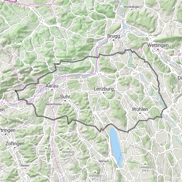 Miniature de la carte de l'inspiration cycliste "L'aventure à travers les collines et les châteaux" dans la Espace Mittelland, Switzerland. Générée par le planificateur d'itinéraire cycliste Tarmacs.app