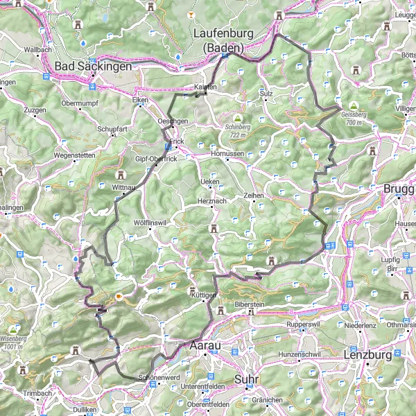 Kartminiatyr av "Landevei opplevelse til Bøzbergpass og Aarau" sykkelinspirasjon i Espace Mittelland, Switzerland. Generert av Tarmacs.app sykkelrutoplanlegger