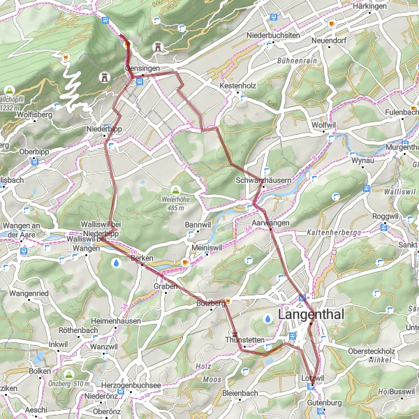 Zemljevid v pomanjšavi "Gravel Pot surovo vrsti Lotzwil-Oensingen-Walliswil" kolesarske inspiracije v Espace Mittelland, Switzerland. Generirano z načrtovalcem kolesarskih poti Tarmacs.app