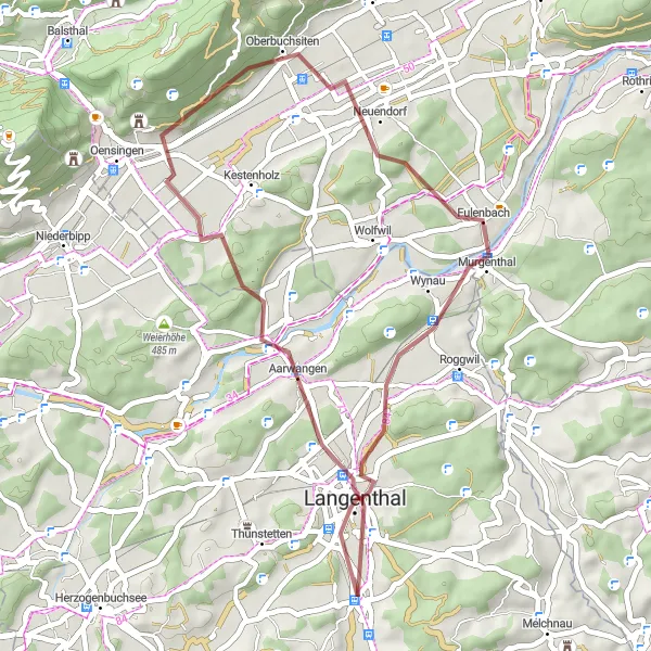 Miniatura della mappa di ispirazione al ciclismo "Gravel Trail through Aarwangen and Murgenthal" nella regione di Espace Mittelland, Switzerland. Generata da Tarmacs.app, pianificatore di rotte ciclistiche