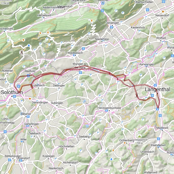 Map miniature of "Lotzwil to Thunstetten to Rehhubel to Solothurn to Wangen an der Aare to Gensberg to Langenthal and back" cycling inspiration in Espace Mittelland, Switzerland. Generated by Tarmacs.app cycling route planner