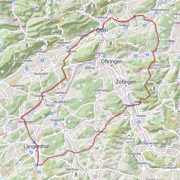 Zemljevid v pomanjšavi "Gorska avantura Aarwangen" kolesarske inspiracije v Espace Mittelland, Switzerland. Generirano z načrtovalcem kolesarskih poti Tarmacs.app