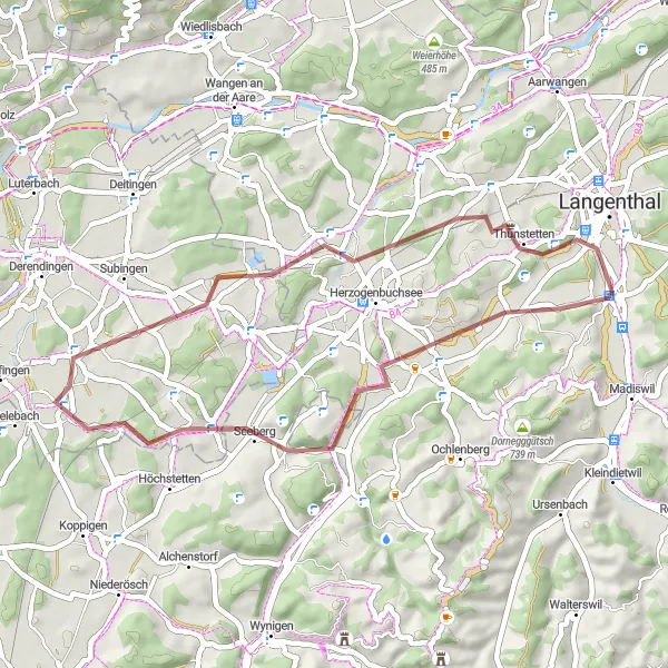 Miniatura della mappa di ispirazione al ciclismo "Percorso gravel Bleienbach - Humberg - Bolken - Önzberg - Lotzwil" nella regione di Espace Mittelland, Switzerland. Generata da Tarmacs.app, pianificatore di rotte ciclistiche