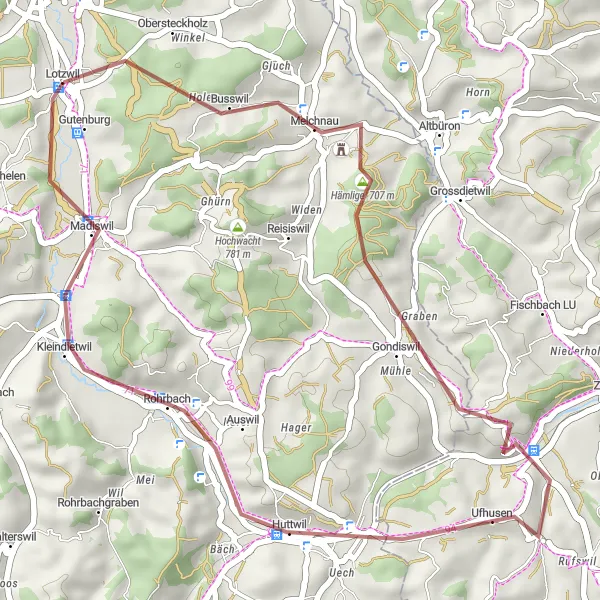 Miniatura della mappa di ispirazione al ciclismo "Percorso gravel intorno a Lotzwil" nella regione di Espace Mittelland, Switzerland. Generata da Tarmacs.app, pianificatore di rotte ciclistiche