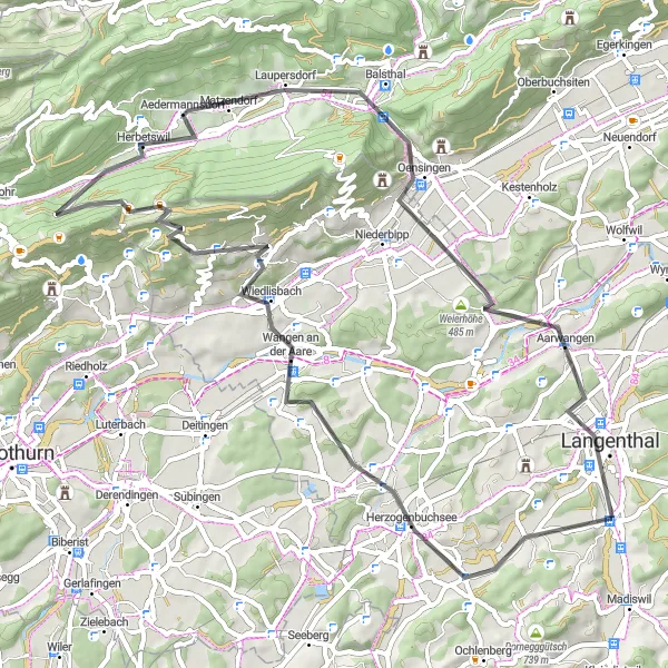 Miniaturní mapa "Náročná silniční trasa s Top Výhledy" inspirace pro cyklisty v oblasti Espace Mittelland, Switzerland. Vytvořeno pomocí plánovače tras Tarmacs.app