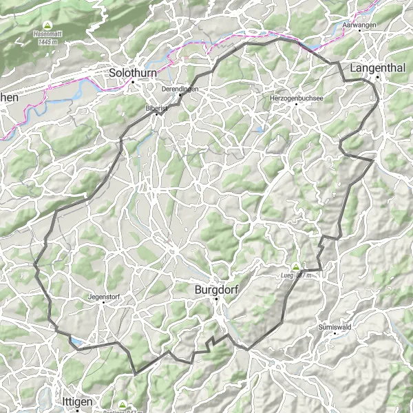 Mapa miniatúra "Trasa cez Dornegggütsch a Wangen an der Aare" cyklistická inšpirácia v Espace Mittelland, Switzerland. Vygenerované cyklistickým plánovačom trás Tarmacs.app