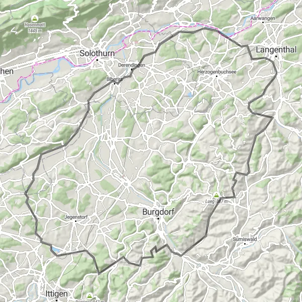 Miniatura della mappa di ispirazione al ciclismo "Giro in bicicletta Dornegggütsch - Oeschenbach - Lueg - Rüegsau - Eyberg - Urtenen - Britterenhubel - Dittiberg - Wangen an der Aare - Thunstetten" nella regione di Espace Mittelland, Switzerland. Generata da Tarmacs.app, pianificatore di rotte ciclistiche