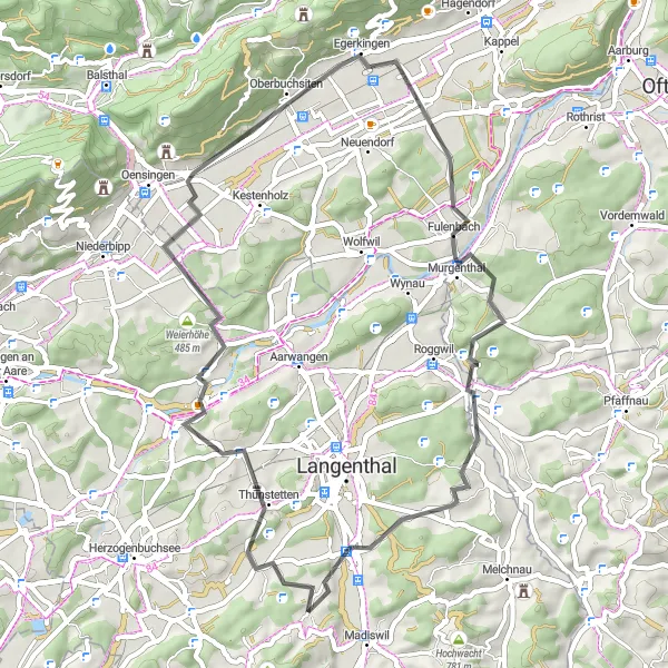 Zemljevid v pomanjšavi "Cestna pot Bleienbach-Murgenthal-Langenthal" kolesarske inspiracije v Espace Mittelland, Switzerland. Generirano z načrtovalcem kolesarskih poti Tarmacs.app