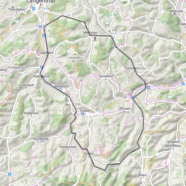 Miniatura della mappa di ispirazione al ciclismo "Tour in bicicletta Hämlige - Zell - Eriswil - Gummechnubel - Hunzegütsch - Madiswil" nella regione di Espace Mittelland, Switzerland. Generata da Tarmacs.app, pianificatore di rotte ciclistiche