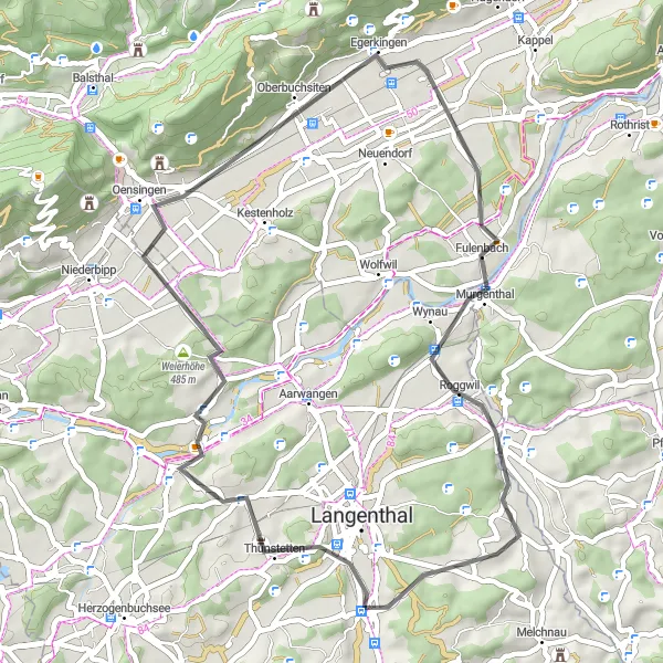 Miniature de la carte de l'inspiration cycliste "Boucle de Bannwil et Egerkingen" dans la Espace Mittelland, Switzerland. Générée par le planificateur d'itinéraire cycliste Tarmacs.app