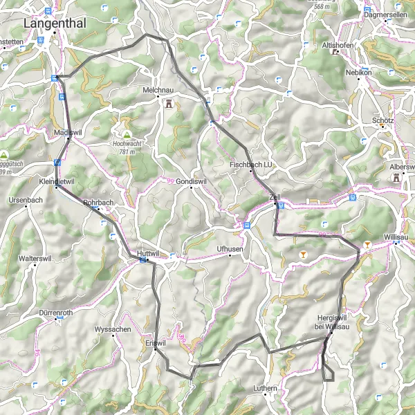Map miniature of "The Willisau Circuit" cycling inspiration in Espace Mittelland, Switzerland. Generated by Tarmacs.app cycling route planner