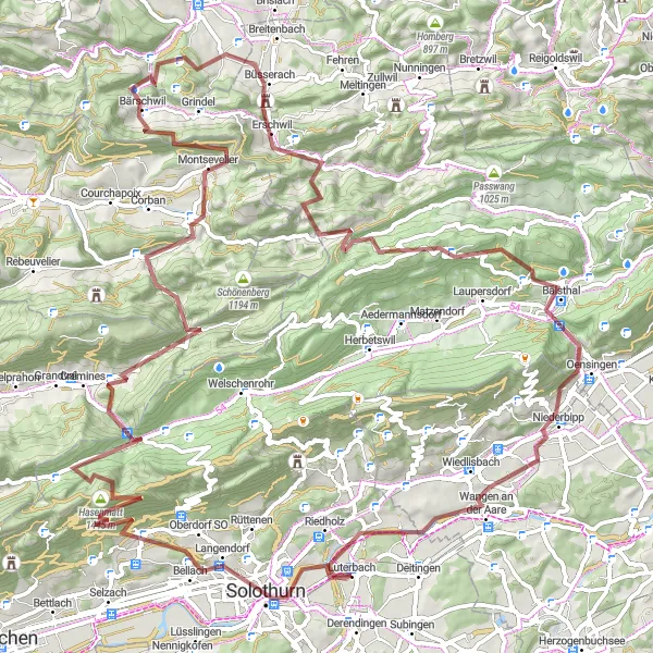 Miniatura della mappa di ispirazione al ciclismo "Giro in Gravel da Luterbach a Brästenberg" nella regione di Espace Mittelland, Switzerland. Generata da Tarmacs.app, pianificatore di rotte ciclistiche
