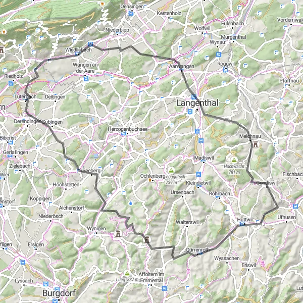 Map miniature of "Rolling Hills Road Loop" cycling inspiration in Espace Mittelland, Switzerland. Generated by Tarmacs.app cycling route planner