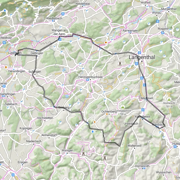 Mapa miniatúra "Cyklistický okruh cez Langenthal a Oeschenbach" cyklistická inšpirácia v Espace Mittelland, Switzerland. Vygenerované cyklistickým plánovačom trás Tarmacs.app