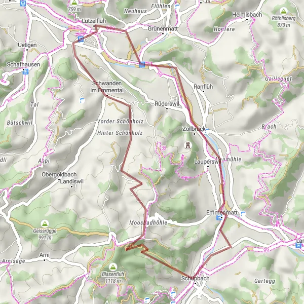 Miniaturekort af cykelinspirationen "Grusvejscykelrute fra Lützelflüh" i Espace Mittelland, Switzerland. Genereret af Tarmacs.app cykelruteplanlægger