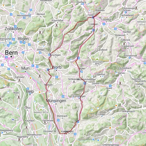 Zemljevid v pomanjšavi "Gorska tura iz Biglena do Hasle" kolesarske inspiracije v Espace Mittelland, Switzerland. Generirano z načrtovalcem kolesarskih poti Tarmacs.app