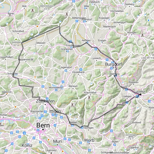 Miniatura della mappa di ispirazione al ciclismo "Giro ciclistico verso Burgdorf" nella regione di Espace Mittelland, Switzerland. Generata da Tarmacs.app, pianificatore di rotte ciclistiche