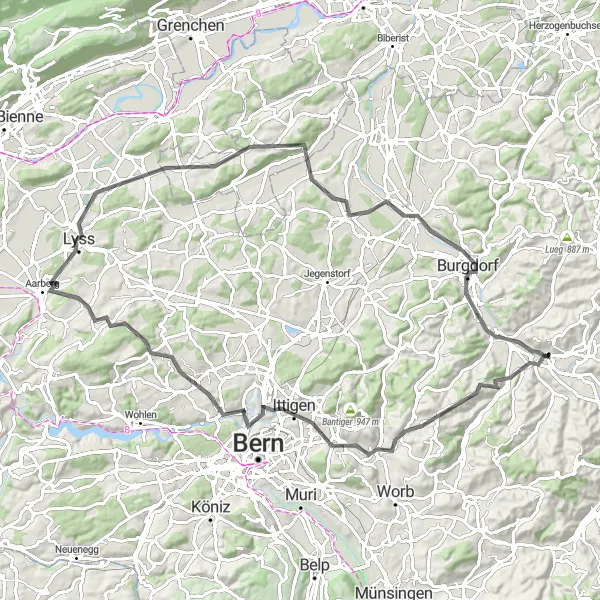 Mapa miniatúra "Road cyklotrasa cez Bremgarten a Burgdorf" cyklistická inšpirácia v Espace Mittelland, Switzerland. Vygenerované cyklistickým plánovačom trás Tarmacs.app
