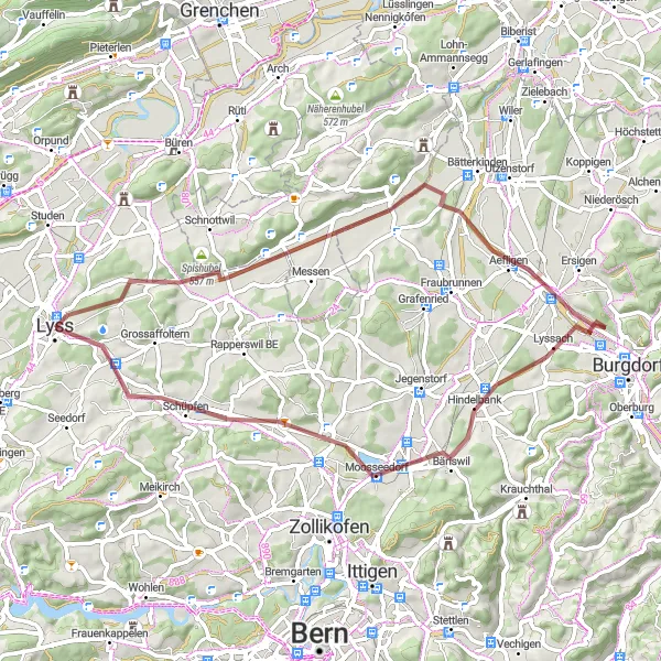 Miniatua del mapa de inspiración ciclista "Ruta de ciclismo de grava desde Lyss" en Espace Mittelland, Switzerland. Generado por Tarmacs.app planificador de rutas ciclistas
